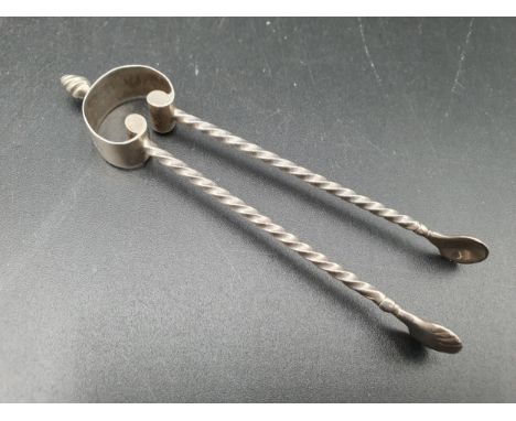 A pair of Victorian silver Sugar Nips in the form of coal tongs with spiral stems and finial, London 1860, makers: JB over EB