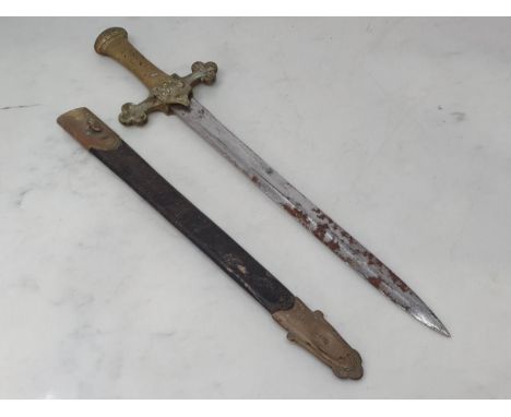 An Edward VII British Army Bandsman's Sword by Mole with brass mounted leather scabbard 19in L 