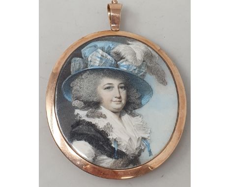 ATTRIBUTED TO RICHARD COSWAY RA (1742-1821). Portrait miniature of a Lady, quarter-length, wearing a blue feathered hat, on i