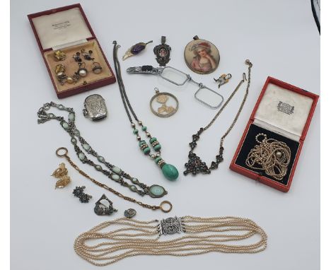 A collection of vintage Costume Jewellery including; Necklaces, transfer printed portrait Pendant, various Earrings, a pair o