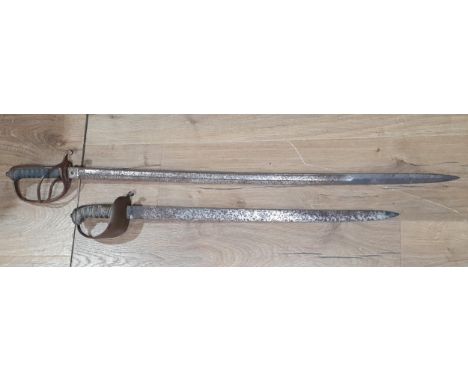 A Victorian British Cavalry Sword with silver wire bound shagreen grip, blade heavily rusted 3ft 5in L, and a 19th Century Sh