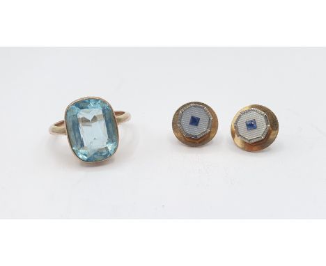 A 9ct gold Dress Ring set blue paste and a pair of Art Deco Dress Studs stamped 9ct and 18ct set blue stone 