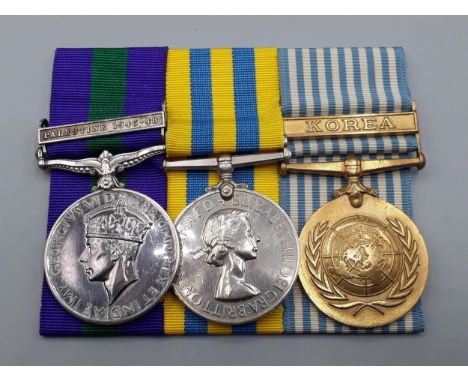 Three; General Service Medal with 'Palestine 1945-48' Clasp, Queen's Korea Medal and UN Korea Medal to 876544 Gunner R. Thomp