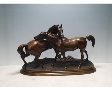A French bronze equestrian group L'Accolade, mare and stallion, cast from a model by Pierre Jules Mene, the naturalistically 