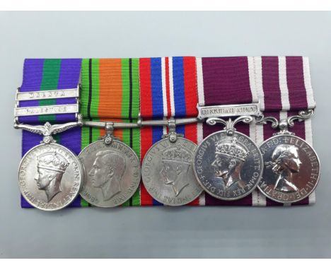 Five; General Service Medal with 'Malaya' and 'Palestine' Clasps, Defence, War, Army Long Service and Good Conduct Medal (Geo