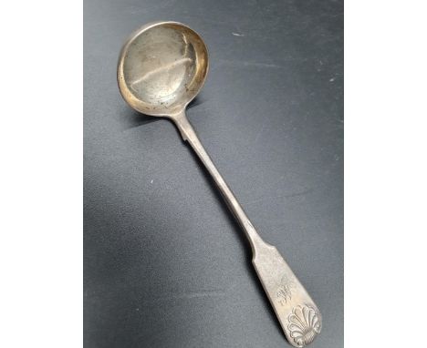 A William IV silver Sauce Ladle fiddle and shell pattern engraved initials, Edinburgh 1835, maker's marks: J H &amp; Co, and 