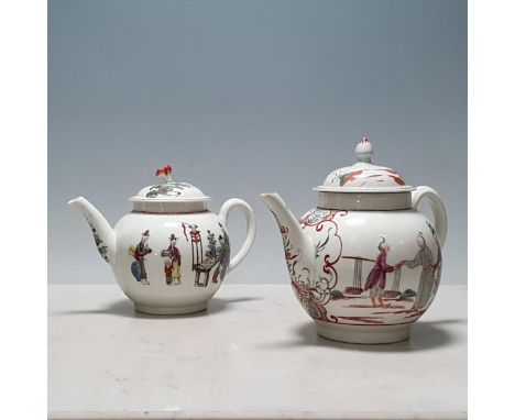 Two Worcester globular Teapots, one painted chinoiserie figures in coloured enamels with items of furniture, etc, the lid wit