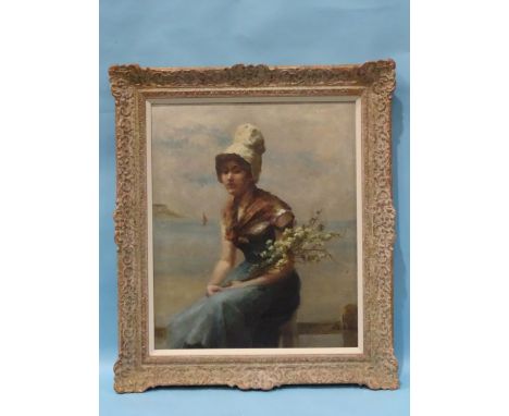 H S Jath**** PORTRAIT OF A YOUNG GIRL HOLDING A SPRAY OF FLOWERS, WITH COASTAL PORT BEHIND Signed oil on canvas, 61 x 51cm. 