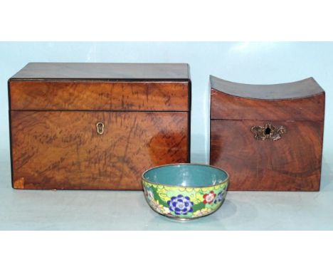 A 19th century mahogany single-division tea caddy with concave top, a Victorian two-division tea caddy and a Chinese small cl