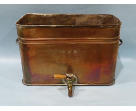 A vintage copper rectangular water tank fitted with two handles and tap with wooden handle, 39cm high, 63cm wide, 31.5cm deep