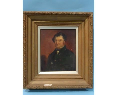 19th century English School PORTRAIT OF A GENTLEMAN WEARING A GREEN COAT Oil on board, 23 x 20cm. 