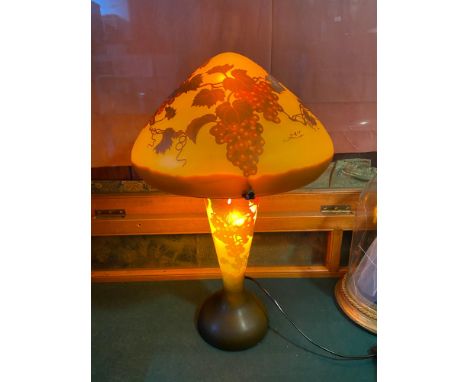A Vintage Galle grape and vine cameo design, mushroom shaped table lamp. In a working condition. [54cm in height] 