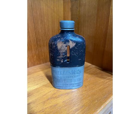 A Vintage pewter, glass and leather hipflask. Detailed with engraved lettering 'Williams Aberdeen Whiskies. 