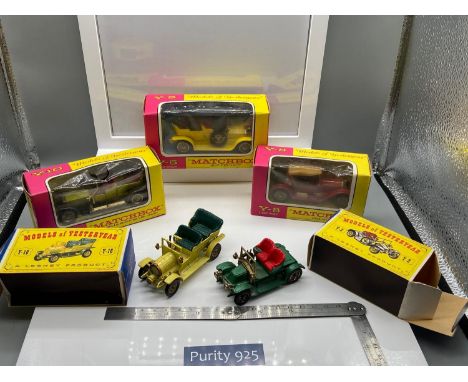 5 Models of Yesteryear- matchbox - a Lesney Product- models with boxes. Y-8 1914 STUTZ, Y-5 1907 PEUGEOT, Y-10 1906 ROLLS ROY