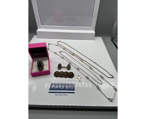 A Selection of antique and vintage silver jewellery which includes a Queen Victoria 3 Pence piece brooch, Birmingham silver b