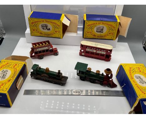 A Lot of four Models of Yesteryear by Lesney with boxes. No.2 Scale model B Type bus, No.3 Scale Model E Class Tramcar, Y-13 