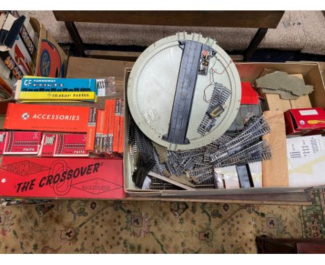 A Box containing a quantity of train track and accessories produced by G &amp; R WRENN, JOUEF, PLAYCRAFT RAILWAYS AND GRAHAM 