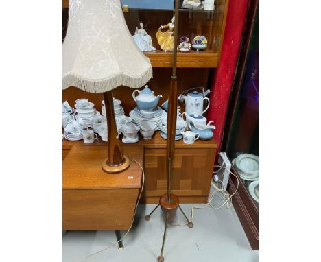 A Retro wood and brass standard lamp together with a retro wood side lamp. 
