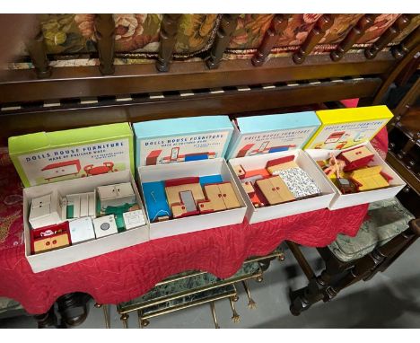 Four boxed lots of vintage Dolls House Furniture. Made of Polished wood. 