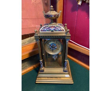 A Victorian highly decorative Brass and cloisonné mantel clock, Designed with bevelled glass sections and cloisonné and brass