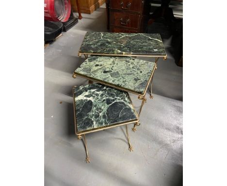 A Vintage gilt brass and marble nest of tables. Designed with Claw foot supports 