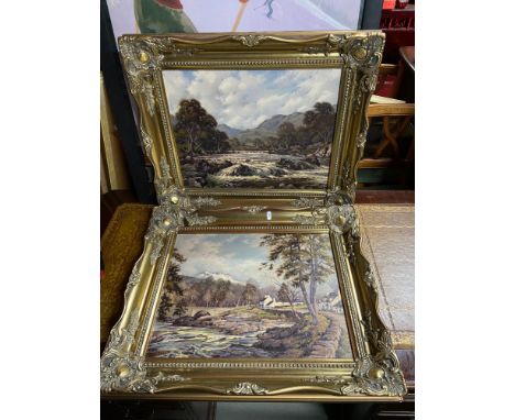 Two Original oil paintings on canvas by R. Forsyth. Paintings depict river and landscape scenes. Both fitted with ornate gilt