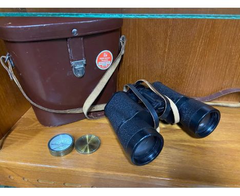 A Pair of Carl Zeiss Jena Jenoptem 10x50w Binoculars with carry case. Together with a brass cased compass. 