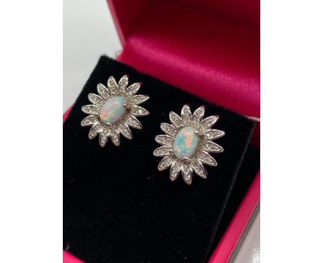 A Pair of 925 silver, cz and opal paneled earrings. 