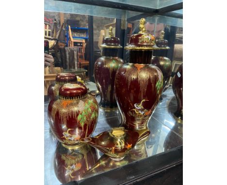 Three pieces of Carlton Ware. Includes Large crane design preserve urn and matching temple jar. 