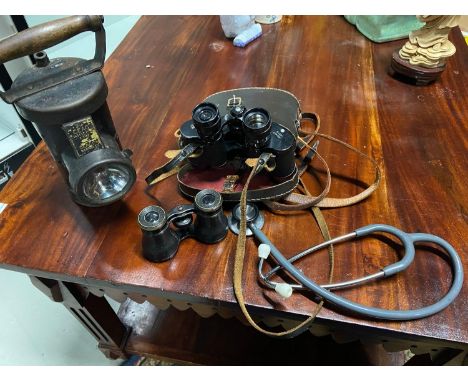 Antique Ceag Ltd Inspection Lamp, Paris Binoculars and Aquilus binoculars [missing lens] Together with a Littmann Stethoscope