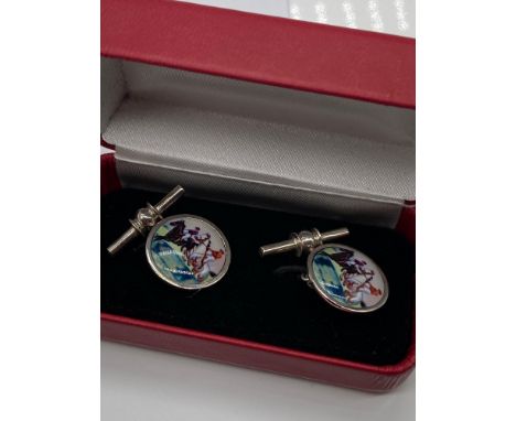 A Pair of 925 silver and enamel horse racing scene cufflinks with presentation box. 