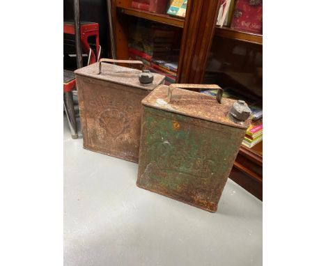 Two vintage petrol cans advertising Pratts and shell. Both still have original caps. 