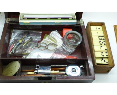 A Victorian work box, a/f, a lighter, dominoes, drawing instruments, pens, harmonica, silver rimmed salt, etc. 