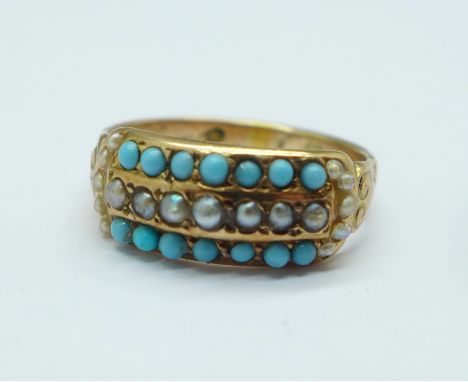 A Victorian yellow metal set pearl and turquoise ring, tests as 9ct gold, 1.9g, N, (worn/partial hallmark suggests Birmingham