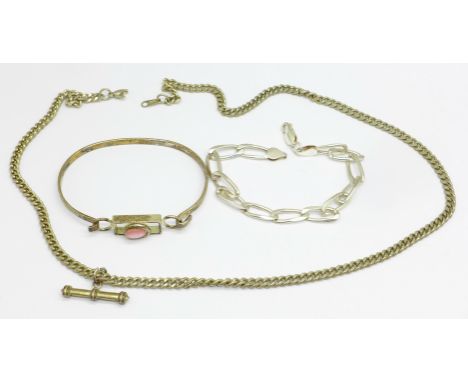 A silver bracelet, a white metal bangle and a plated chain with T-bar, (chain fastener a/f) 