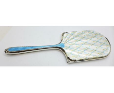 A silver and enamel Art Deco hand mirror, Birmingham 1940 