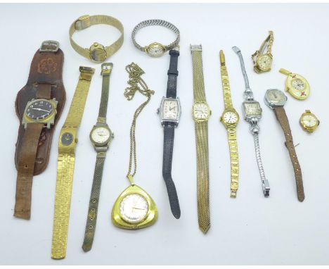 Fourteen manual wind wristwatches and pendant watches including Buler, Bifora, Smiths, etc. 