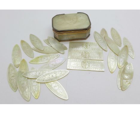 A 19th Century yellow metal mounted box, the lid re-mounted in white metal, rim a/f, with a collection of mother of pearl gam