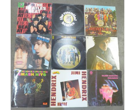 Eleven LP records including The Beatles, The Rolling Stones, Bob Dylan, Jimi Hendrix and Black Sabbath 