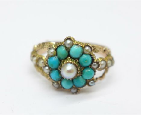 A Victorian yellow metal set, turquoise and pearl cluster ring, 2.1g, J, tests as 9ct gold 