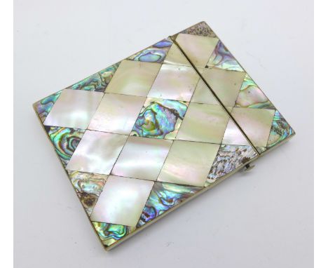 A late 19th Century abalone and mother of pearl card case, 79mm x 101mm 