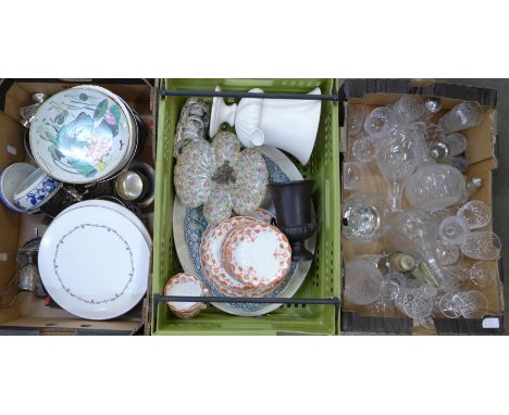 Three boxes of china, glass and silver plate, four decanters, wines, sugar shakers, and Allertons Venus orange part tea set, 