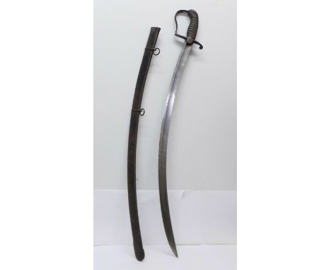 A 19th Century sword with curved blade, shagreen handle and metal scabbard, length of blade 78cm 