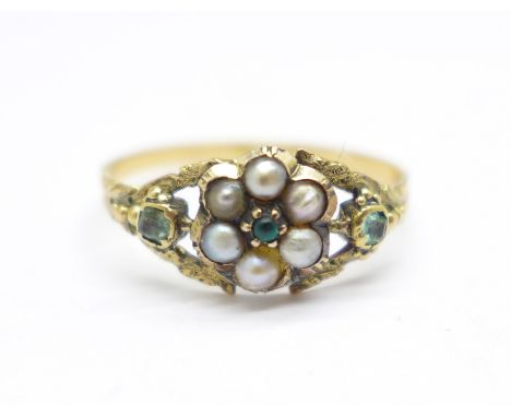 A Victorian yellow metal set emerald and pearl ring, tests as high carat gold, 1.2g, M 