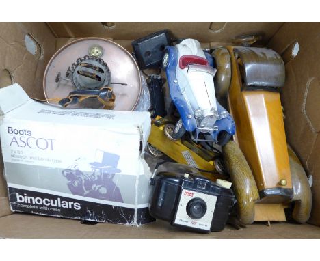 A Burago Alfa Romeo Spider, other models of classic cars, a pair of binoculars, cameras, oil lamp, etc. **PLEASE NOTE THIS LO