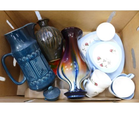 A Poole Pottery Delphis spear shaped dish, a Belgian vase, a Muchelney Pottery onion shaped vase, a retro coffee pot and a Co