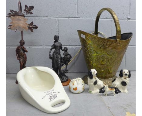 A brass coal scuttle, a pair of Beswick spaniels, a Minton lidded pot, Beswick hound, figural table lamp, a resin figure grou