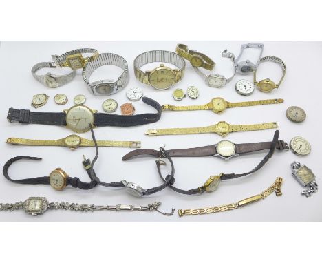 Nineteen manual wind wristwatches and ten watch movements, some watches a/f, lacking winding crowns 