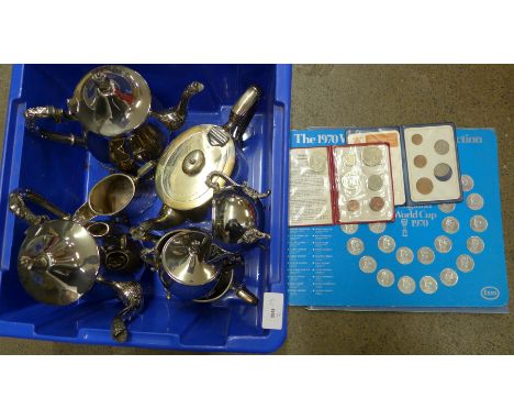 Two EPNS tea services, three piece and four piece, two coin collection packs including Esso 1970 World Cup, a Royal Australia