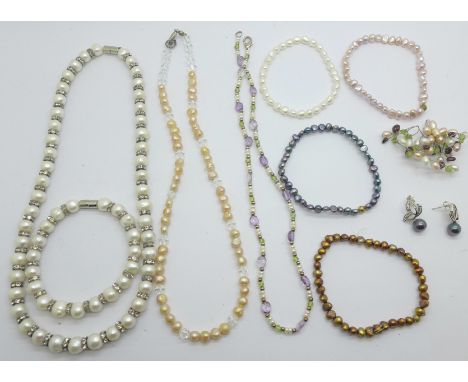 A pair of silver and black pearl earrings and fresh water pearl jewellery 